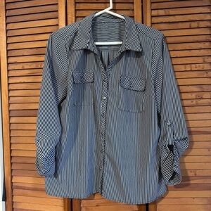 Black & White Vertical Stripe Button-Up Blouse